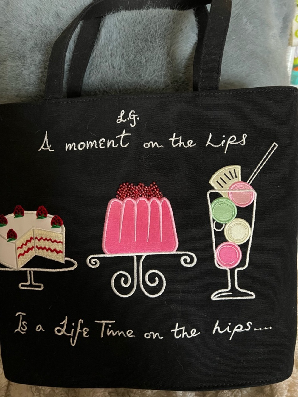 Lulu Guinness Black Tote with Pink and White Dessert Embroidery & Cosmetic  Bag